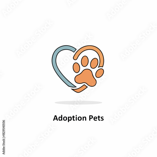 Adoption pets depicted as an emblem with paw print inside heart. This adoption pets representation includes paw print and heart as symbol of animal shelter and care, and expresses love.