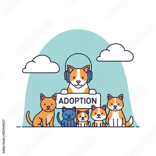 Adoption pets, a cartoon dog wearing headphones with adoption banner in cute linear style. Adoption pets are waiting for their new families in shelter.
