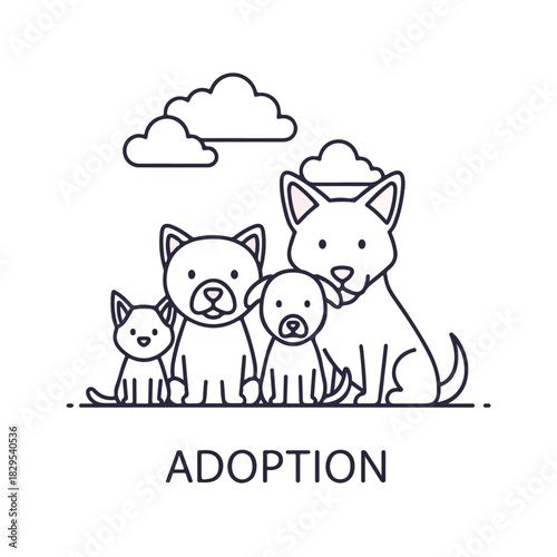 Adoption pets line illustration depicts group of cute dogs and cat. Adoption pets concept highlights animal care and welfare, showcasing different pet breeds together.
