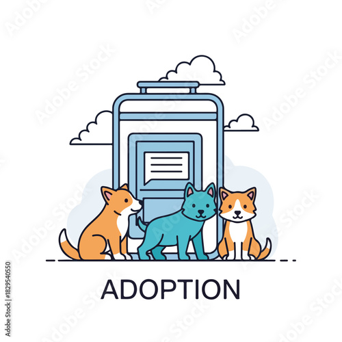 Adoption pets concept featuring several colorful cartoon puppies in front of a modern smartphone. Cute adoption pets are looking for their new home and parents.