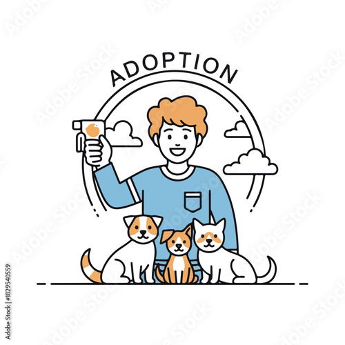 Cute adoption pets illustration features man with dogs and cat in simple line drawing style.