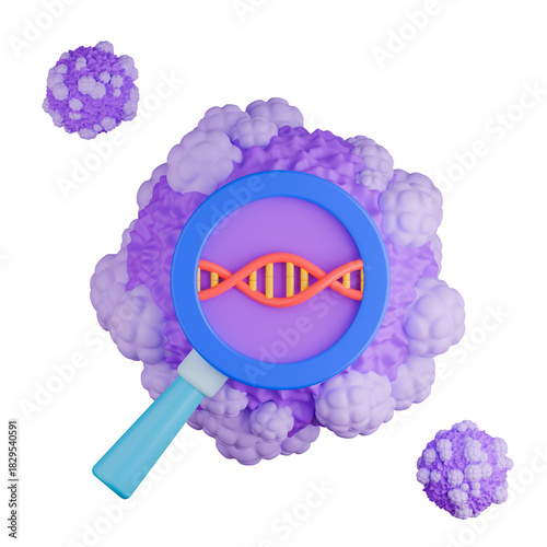 3D medical illustration showing a mutated DNA segment or oncogene being magnified within cancer cell.