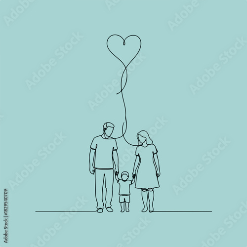 Family line drawing with heart balloon for adoption, foster care, or support themes. Showing mother, father and child, family line drawing suggests togetherness and love.