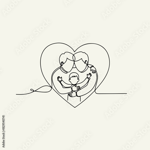 Adoption concept in minimalist illustration, a loving family united by heart shaped outline. Adoption showing tenderness and affection in simple, elegant lines,