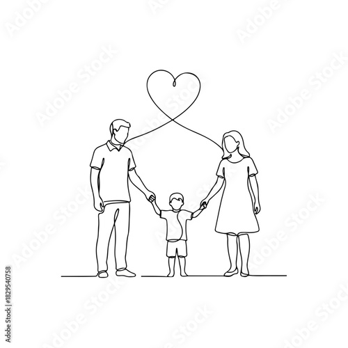 One line art drawing showing family with child holding hands with heart symbol above them. Family symbol represents love and unity, a simple family concept of parents adopting a child.