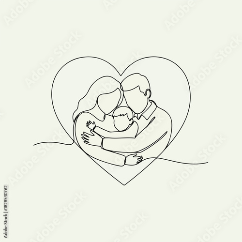 Family adoption concept as family hugs in heart shape, single line art. Family adoption design with continuous line drawing style.