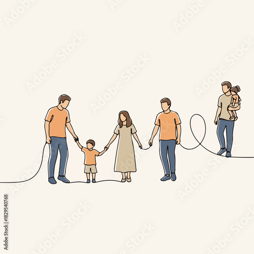 Single continuous line drawing of young happy family walking and enjoying their time together. Adoption by gay parents and child, showing unity and love. Conceptual single line drawing, one line,