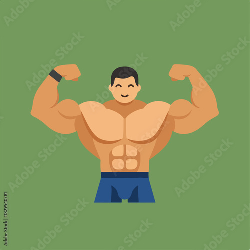 A cartoon-style, smiling, muscular man poses with arms bent up to flex his biceps against a pale olive-green background.