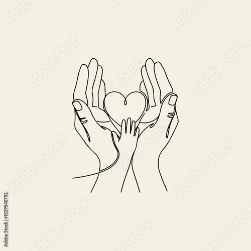 Simple Adoption illustration of parent's hands holding child's hand with heart, Adoption is a concept of love and care for children in need. Parent's hands provide protection and security in Adoption,