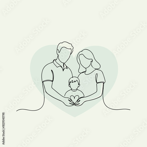 Minimalist family illustration with father, mother, and child holding heart in hands, symbolizing family illustration. This single line family illustration represents adoption and love.