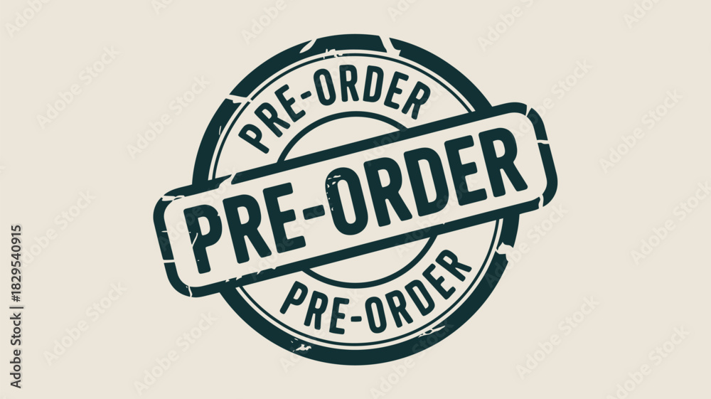 Fototapeta premium A circular pre order stamp with a rectangular banner across the center on a light beige background