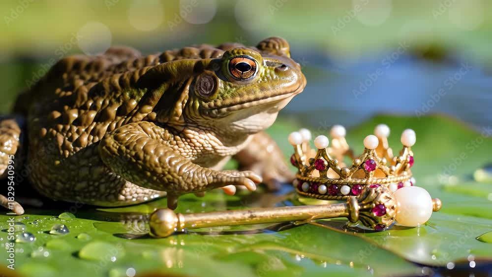 Extreme close-up of a royal toad sitting on a vibrant green lily pad ...