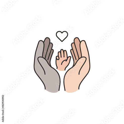 Symbolic adoption artwork featuring parental hands enveloping child's hand with heart shape above. Signifies adoption, showcasing care and security, reflecting support and love.