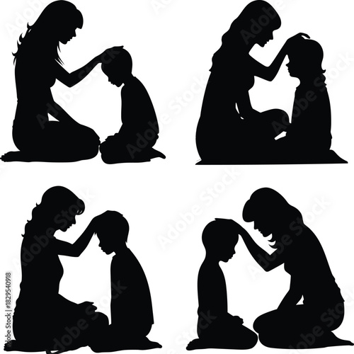 Mother and Child Silhouette Set Tender Family Bond, Loving Parenting Gesture, Emotional Connection & Gentle Care Vector Illustration Collection
