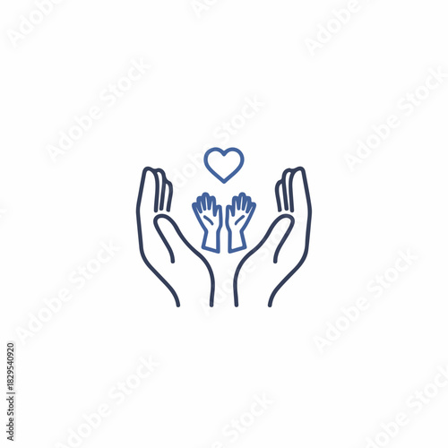 Adoption graphic showing hands holding smaller hands with heart above, symbolizing parental love and care. Concept adoption showcases safety, family support, and commitment.