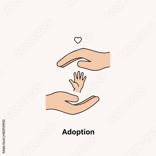 Adoption icon showing two adult hands protecting child's hand, symbolizing family. The concept of adoption is visible through hands and heart graphic above them. Adoption as sign of hope,