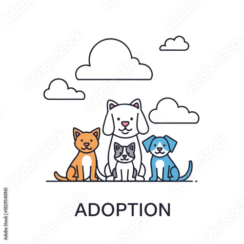 Adoption pets illustration with cute animals group under clouds. Adoption pets are heartwarming choice for loving home. Concept adoption pets for vet clinic ad, showing care, compassion,