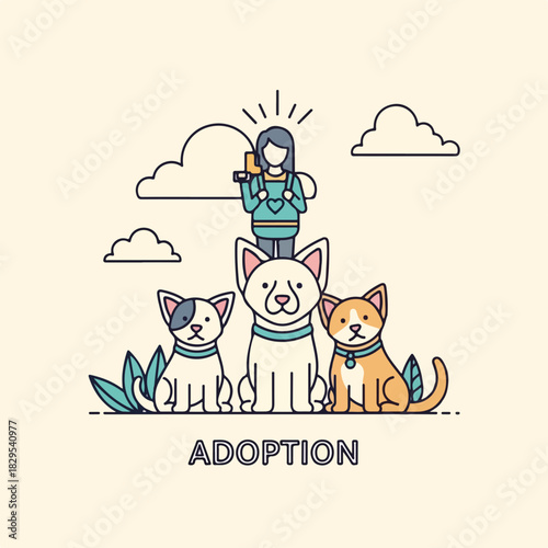 Adoption pets, a trio of charming dogs await loving homes in heartwarming scene. Adoption pets convey joy and new beginnings, with kind female figure promoting loving care of dogs.