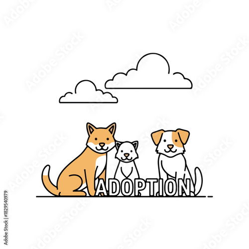 Adorable adoption pets illustration featuring cute dog and cat, simple design with cloud shapes. This heartwarming adoption pets scene evokes themes of companionship and animal rescue.