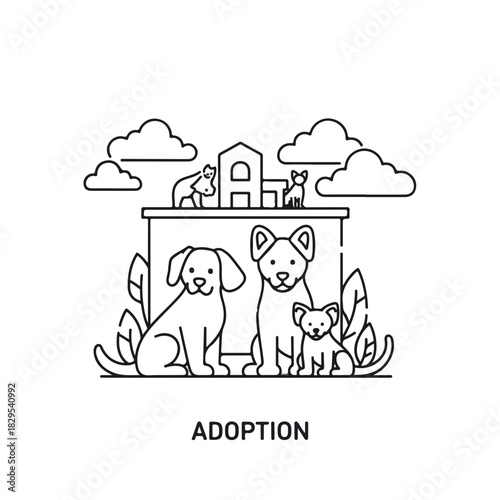 Adoption pets in shelter with dogs and cats needing homes. Adoption pets, shelter animals look cute and adorable in hope for home. Illustration adoption pets is perfect for pet shelter advertising.