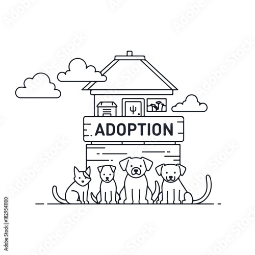 Adoption pets in monochromatic line drawing, illustration includes cat, puppies and sign with house. Adoption pets represent hope for animals seeking a home, conveying love and care,