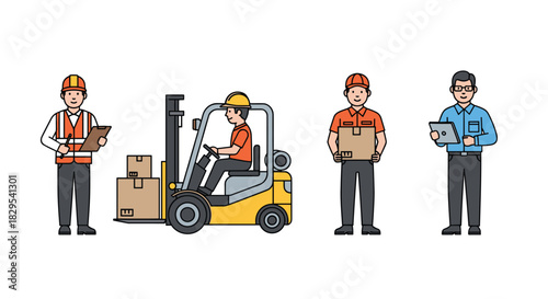 Warehouse workers and forklift operator with boxes, Generative AI.