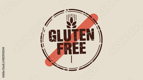 A gluten free stamp with a wheat symbol and a red line through it on a light beige background design