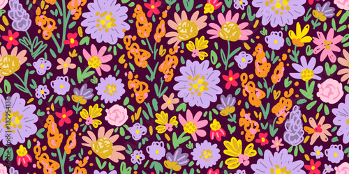 Bright floral vector seamless pattern. Purple, orange meadow flowers on a dark background. For prints on fabrics, textiles, and summer clothes.
