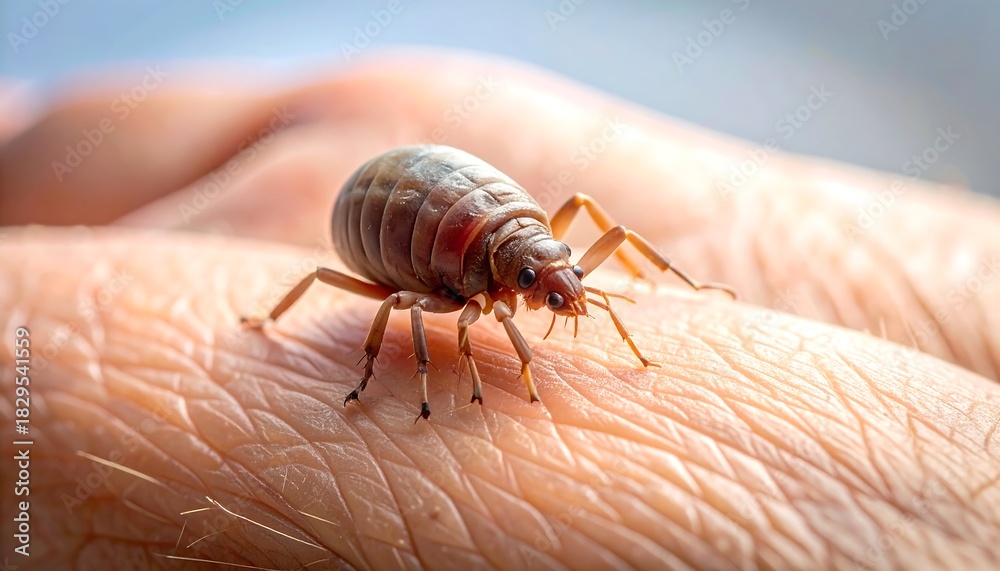 Obraz premium Macro shot of an insect on human skin, focusing on its segmented body, tiny legs, and antennae, set against a blurred background