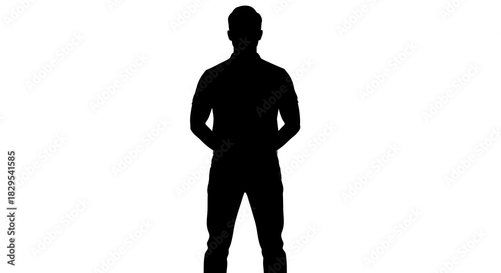 Fototapeta premium Silhouette of a person standing with hands behind back against a white background in full length view