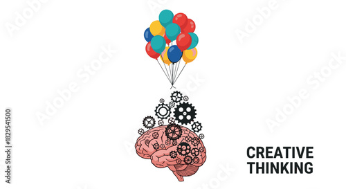 Creative Thinking Brain with Balloons and Gears Symbolizing Ideas and Innovation, Generative AI.