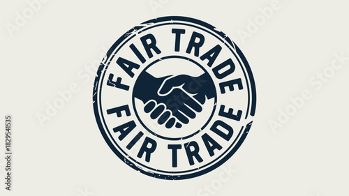 A fair trade stamp with a handshake in the center on a white background in a circular design element