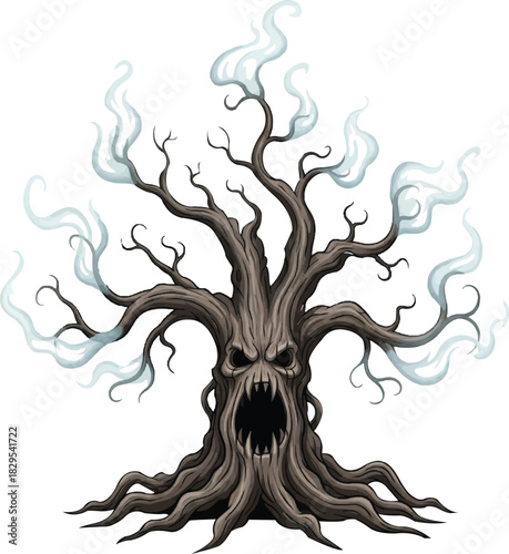 Spooky Halloween tree with ghostly smoke effects