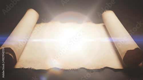 Extreme slow motion capture of a stylized antique parchment scroll rapidly unrolling to reveal an intense, brilliant white light emerging from within the empty paper extreme, detail, success