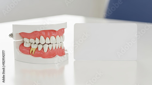 Dental jaw model showing severe decay or periodontal problem next to blank white card concept for oral health insurance or dentist service promotion