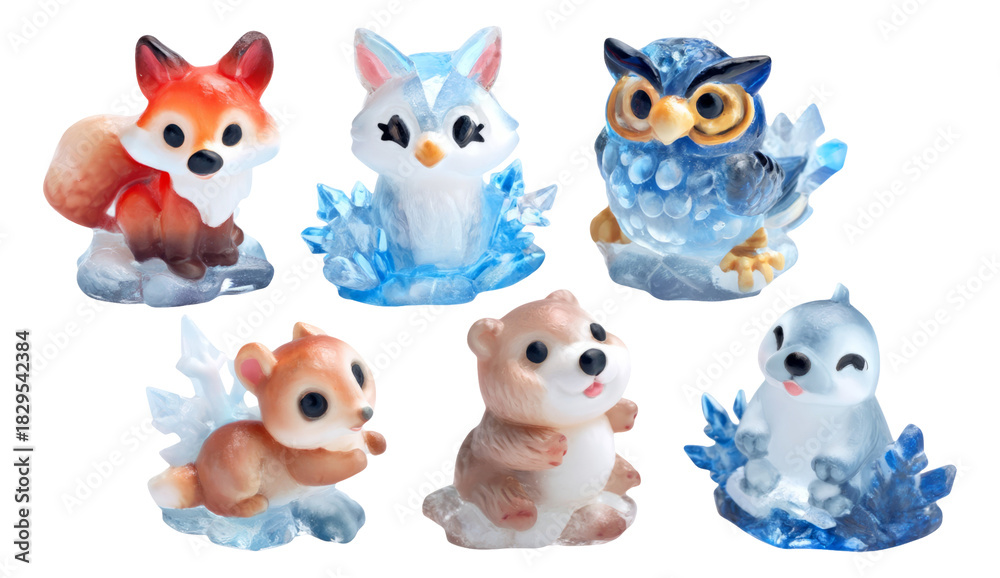 Naklejka premium Festive Icy Figurines of Animals with Translucent Designs on Isolated Background