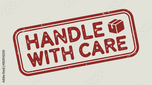 A red handle with care stamp with a box symbol on a light background with a worn distressed look