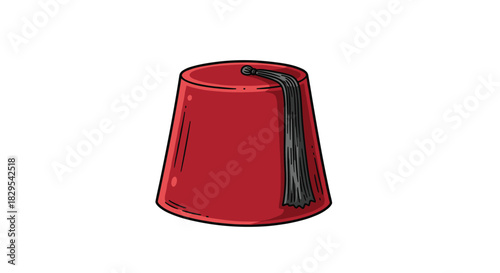 A vibrant red cartoon illustration of a traditional Turkish or Moroccan fez hat with a black tassel on a clean white background.