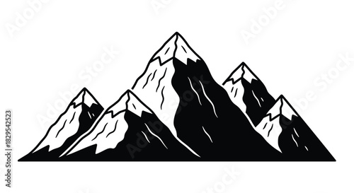 A bold black and white graphic illustration of a majestic mountain range with snowy peaks perfect for a logo or adventure design.