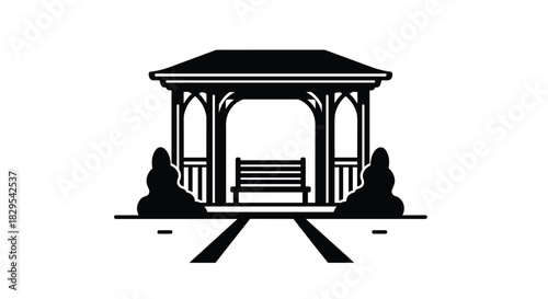A simple and elegant black silhouette icon of a park gazebo with a bench inside and bushes on the sides on a white background.