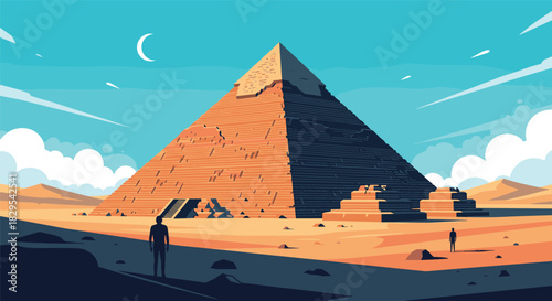 A majestic vector art illustration of the great pyramid in a vast desert landscape under a daytime sky with a crescent moon.