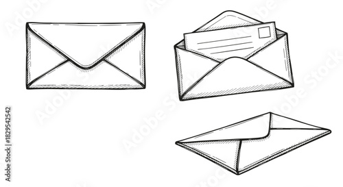 A collection of three hand-drawn sketch illustrations of postal envelopes one of which is open with a letter inside of it.