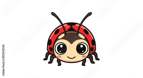 An adorable front-facing cartoon illustration of a cute red ladybug with big eyes and a happy smile on a white background.