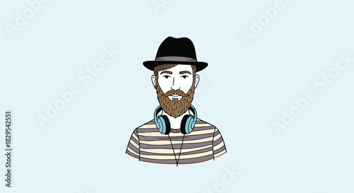 A hand-drawn portrait of a stylish hipster man with a beard mustache fedora hat and headphones around his neck for listening to music.
