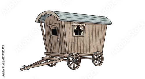 A hand-drawn illustration of a vintage wooden covered wagon or gypsy caravan with small windows and a curved roof on a white background.