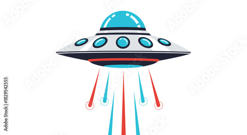 A cartoon illustration of a classic flying saucer UFO abducting something with red and blue tractor beams on a white background.