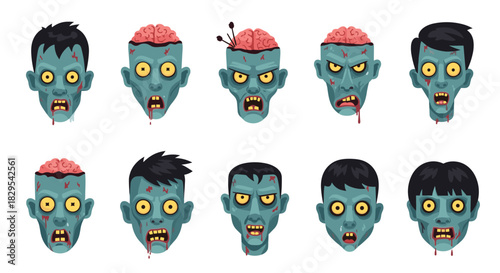 A collection of gruesome and expressive cartoon zombie heads with exposed brains and dripping blood for Halloween character design.