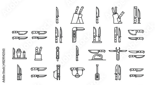 A comprehensive line art icon set of various kitchen knives and accessories including blocks and sharpeners on a white background.