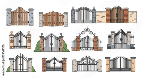 A diverse set of hand-drawn illustrations featuring different styles of gates from simple wooden fences to ornate iron entrances.