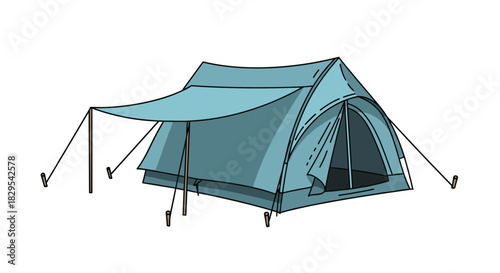 A blue dome tent with a rainfly awning set up for camping or outdoor adventure isolated on a clean white background illustration.